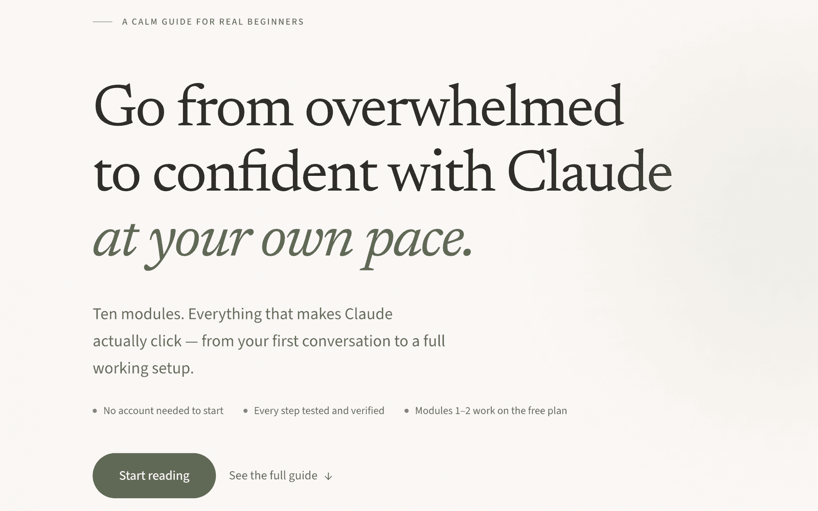 Normies Guide to Claude — clean interface showing module layout for learning Claude AI