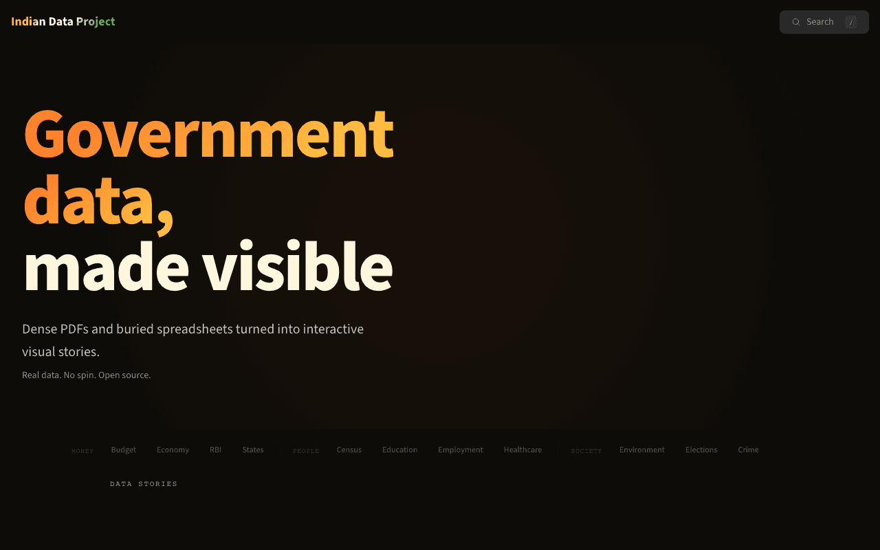 Indian Data Project — dark interface showing gradient headline 'Government data, made visible' with data domain categories